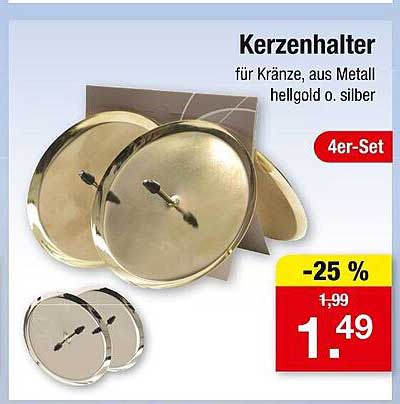Kerzenhalter für Kränze, aus Metall hellgold o. silber - 4er-Set