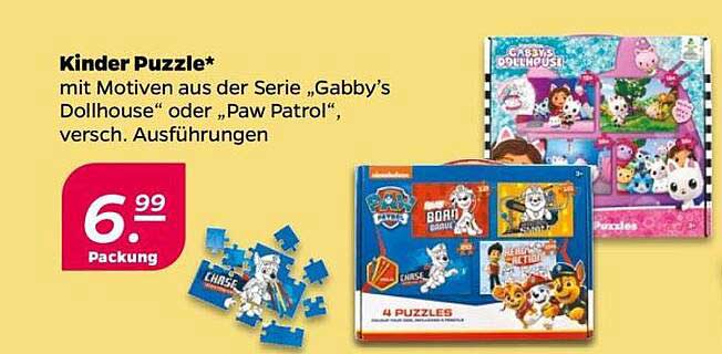 Kinder Puzzle mit Motiven aus der Serie „Gabby’s Dollhouse“ oder „Paw Patrol“