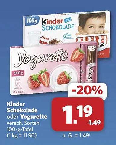 Kinder Schokolade oder Yogurette 100-g-Tafel – 20% Rabatt!