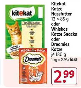 Kitekat Katze Nassfutter 12 x 85 g oder Whiskas Katze Snacks oder Dreamies Katze je 180 g