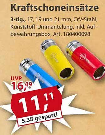 Kraftschoneinsätze 3-tlg., 17, 19 und 21 mm, CrV-Stahl, Kunststoff-Ummantelung, inkl. Aufbewahrungsbox