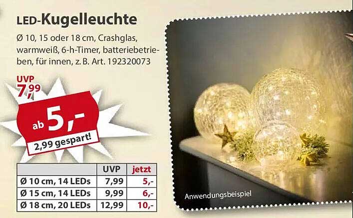 LED-Kugelleuchte Ø 10, 15 oder 18 cm, Crashglas, warmweiß, 6-h-Timer, batteriebetrieben, für innen