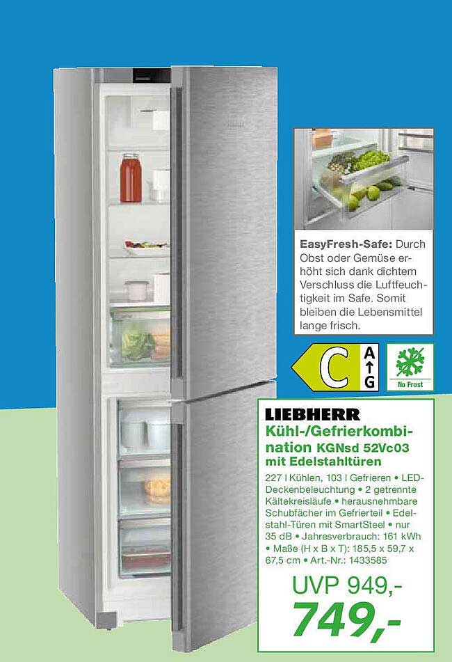 LIEBHERR Kühl-/Gefrierkombination KGNsD 52Vc03 mit Edelstahltüren