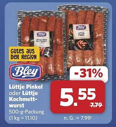 Lüttje Pinkel oder Lüttje Kochmettwurst von Bley - 500-g-Packung