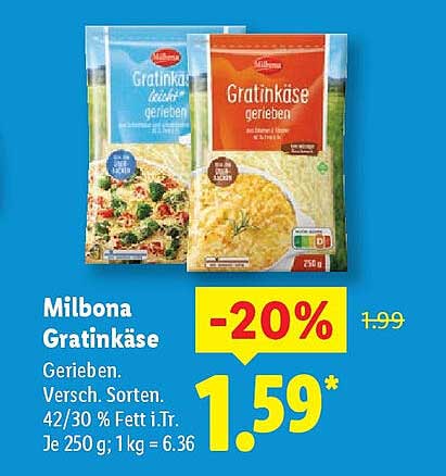 Milbona Gratinkäse - 20% Rabatt auf köstliche Sorten