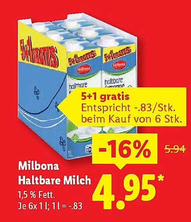 Milbona Haltbare Milch 1,5 % Fett (6er Pack)