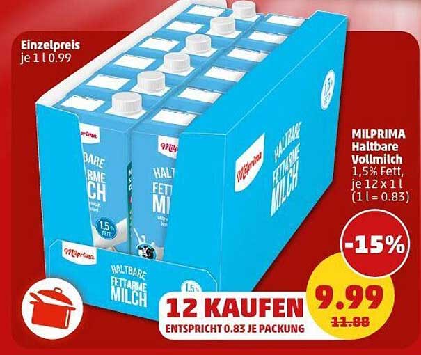 MILPRIMA Haltbare Vollmilch 1,5% Fett, 12 x 1 l