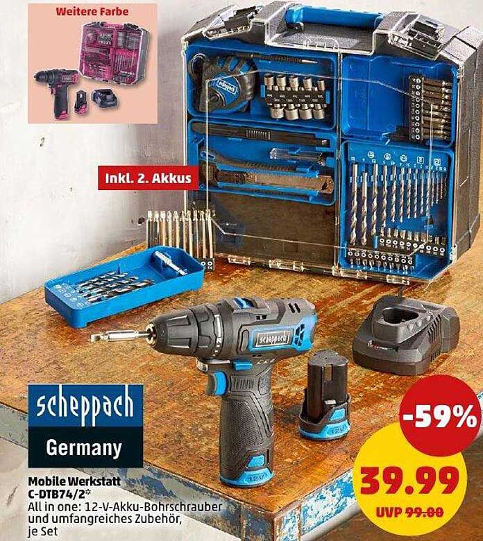 Mobile Werkstatt C-DT874/2" von Scheppach – 12-V-Akku-Bohrschrauber und umfangreiches Zubehör, je Set