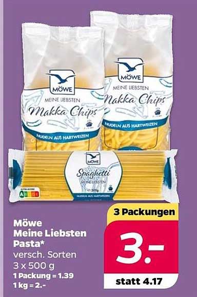 Möwe Meine Liebsten Pasta – 3x 500 g für nur 3,- Euro