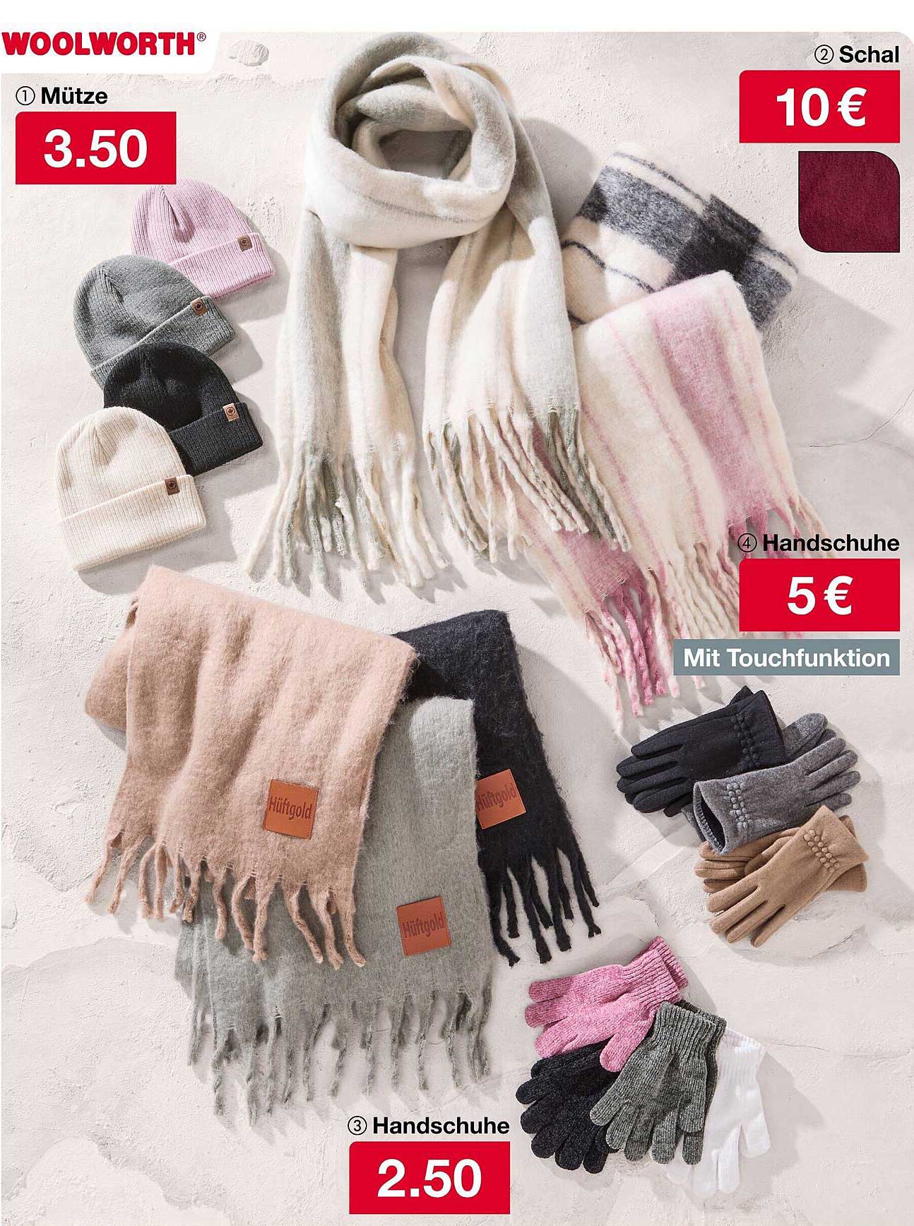 Mütze für 3,50 €, Handschuhe mit Touchfunktion für 5 € und Schal für 10 €