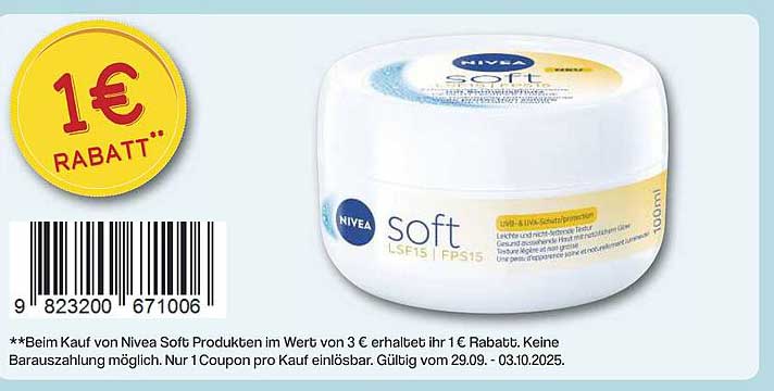 Nivea Soft 100 ml - 1 € Rabatt beim Kauf von 3 €