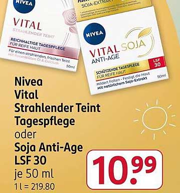 Nivea Vital Strahlender Teint Tagespflege oder Soja Anti-Age LSF 30 je 50 ml