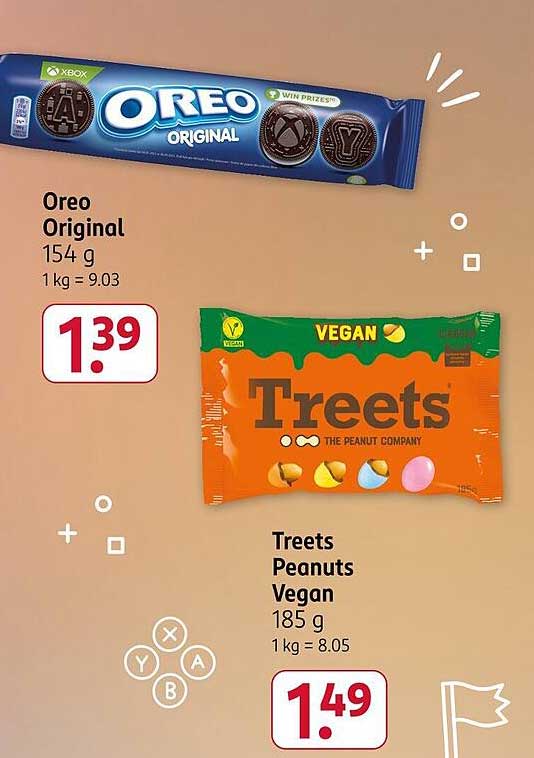 Oreo Original 154 g und Treets Peanuts Vegan 185 g