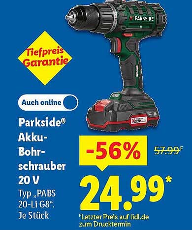 Parkside Akku-Bohrschrauber 20 V - Typ PABS 20-Li G8