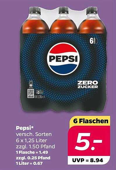 Pepsi Zero Zucker 6er-Pack - 6 x 1,25 Liter