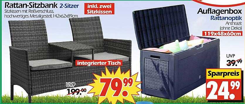 Rattan-Sitzbank 2-Sitzer mit integriertem Tisch und Auflagenbox