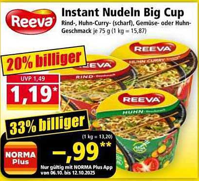Reeva Instant Nudeln Big Cup - Rind, Huhn-Curry (scharf), Gemüse- oder Huhn-Geschmack