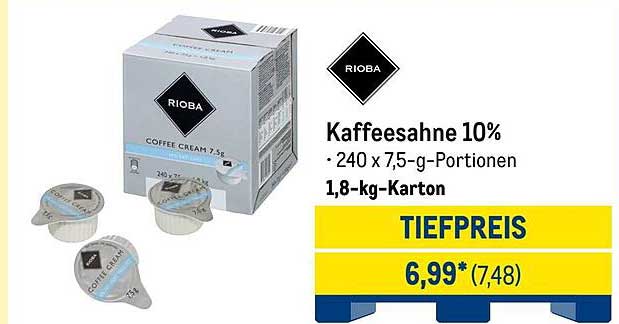 RIABA Kaffeesahne 10% - 240 x 7,5-g-Portionen im 1,8-kg-Karton