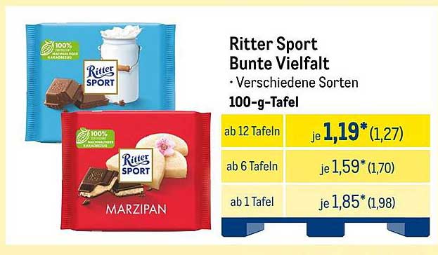 Ritter Sport Bunte Vielfalt - Verschiedene Sorten 100-g-Tafel