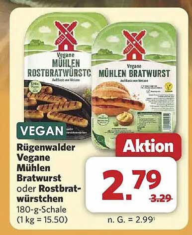 Rügenwalder Vegane Mühlen Bratwurst oder Rostbratwürstchen 180-g-Schale