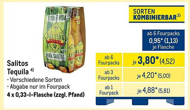 Salitos Tequila – 4 x 0,33-l-Flasche (zzgl. Pfand)