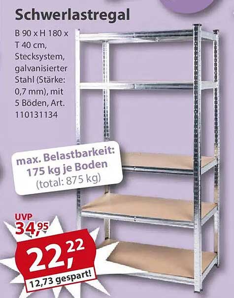 Schwerlastregal B 90 x H 180 x T 40 cm, galvanisierter Stahl