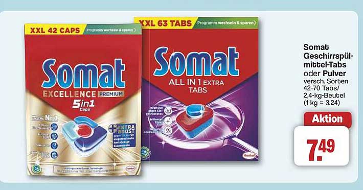 Somat Geschirrspülmittel-Tabs oder Pulver, verschiedene Sorten