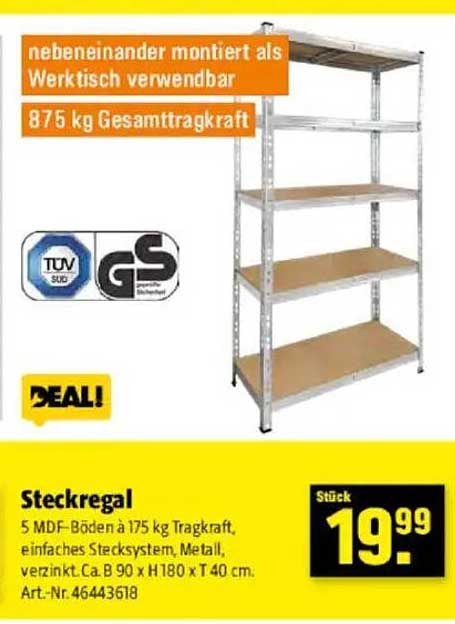 Steckregal mit 5 MDF-Böden und 875 kg Gesamttragkraft