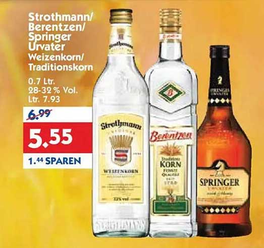 Strothmann/ Berentzen/ Springer Urvater Weizenkorn/ Traditionskorn 0.7 Ltr.