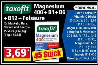 taxofit Magnesium 400 + B1 + B6 + B12 + Folsäure für Muskeln, Herz, Nerven und Energie