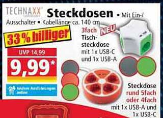TECHNAXX Steckdosen - 3-fach Tischsteckdose mit USB-C und USB-A