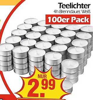 Teelichter 100er Pack - 4h Brenndauer, Weiß