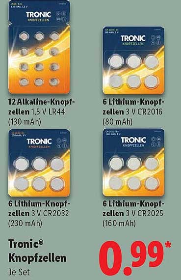 Tronic® Knopfzellen - 12 Alkaline- und 6 Lithium-Knopfbatterien