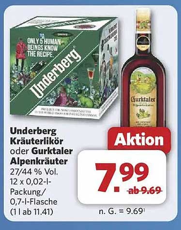 Underberg Kräuterlikör oder Gurktaler Alpenkräuter - 27/44 % Vol.