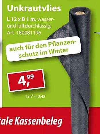 Unkrautvlies L 12 x B 1 m, wasser- und luftdurchlässig, Art. 180081196