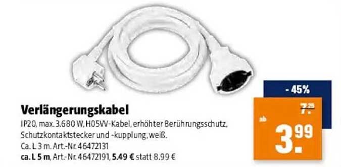 Verlängerungskabel IP20, max. 3.680 W, H05V-Kabel, erhöhten Berührungsschutz