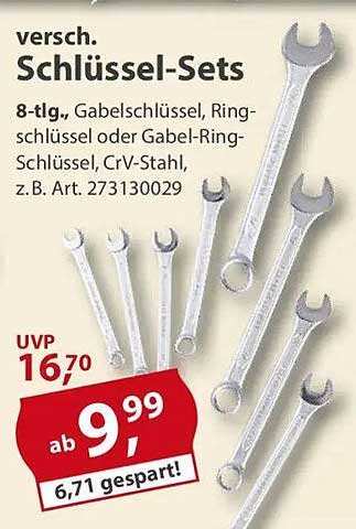 versch. Schlüssel-Sets 8-tlg., Gabelschlüssel, Ringschlüssel oder Gabel-Ringschlüssel, CrV-Stahl