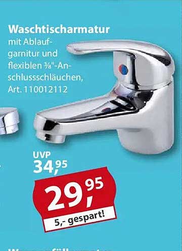 Waschtischarmatur mit Ablaufgarnitur und flexiblen ½"-Anschlussschläuchen, Art. 110012112