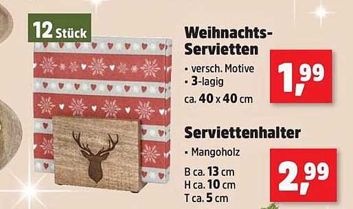 Weihnachts-Servietten 12 Stück und Serviettenhalter aus Mangoholz