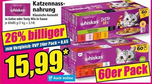 Whiskas Katzennassnahrung Klassische Auswahl in Gelee oder Tasty Mix