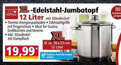 XL-Edelstahl-Jumbotopf 12 Liter mit Glasdeckel