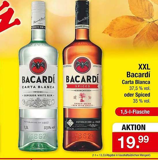 XXL Bacardí Carta Blanca oder Spiced 1,5 l für 19,99 €