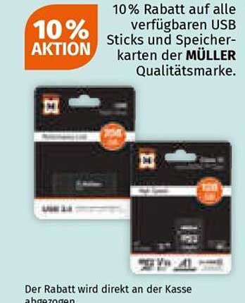 10% Rabatt auf alle verfügbaren USB-Sticks und Speicherkarten der MÜLLER Qualitätsmarke