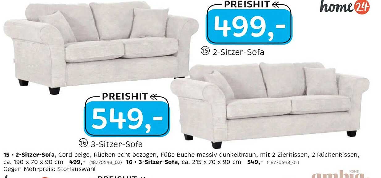 3-Sitzer-Sofa Cord beige, Rücken echt bezogen