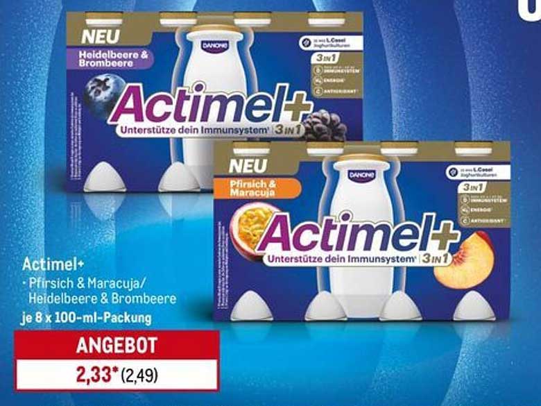 Actimel+ Pfirsich & Maracuja / Heidelbeere & Brombeere je 8 x 100-ml-Packung