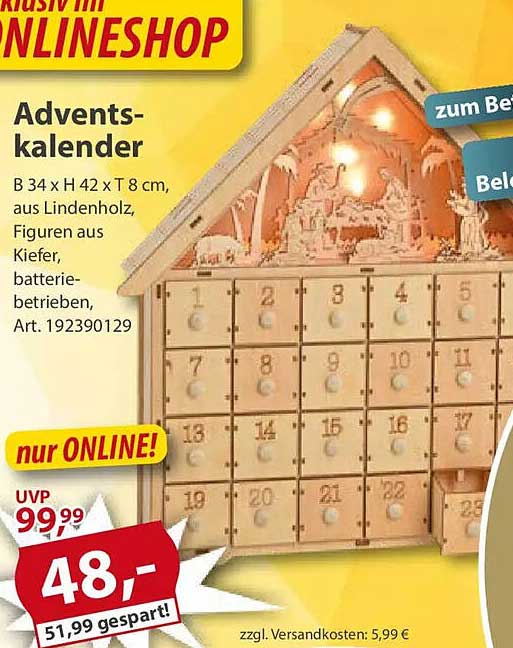 Adventskalender aus Lindenholz mit Figuren aus Kiefer, batteriebetrieben