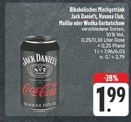 Alkoholfreies Mischgetränk Jack Daniel's, Havana Club, Malibu oder Wodka Gorbatschow