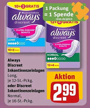 Always Discreet Inkontinenzeinlagen Long, je 12-St.-Pkg. oder Discreet Inkontinenzeinlagen Normal, je 16-St.-Pkg.