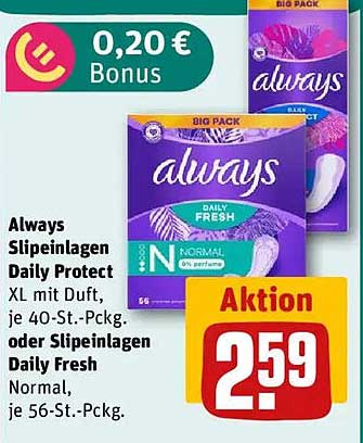 Always Slippeinlagen Daily Protect XL mit Duft - 40-Stk.-Packung oder Slippeinlagen Daily Fresh Normal - 56-Stk.-Packung