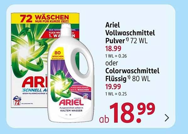 Ariel Vollwaschmittel Pulver 72 WL oder Colorwaschmittel Flüssig 80 WL ab 18,99